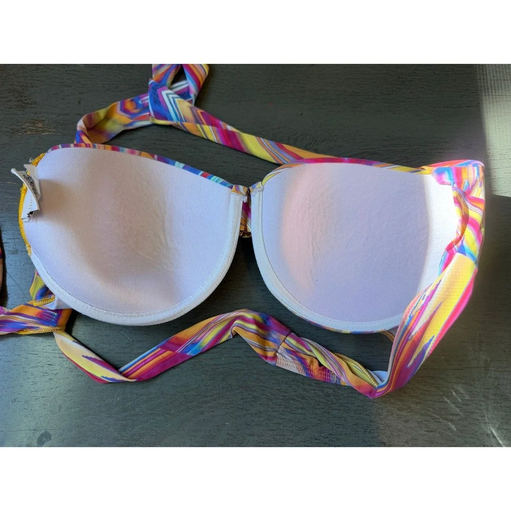 Mardu Brazilian Bikini Top Orange Pink Psychedelic Geometric Halter Padded GG